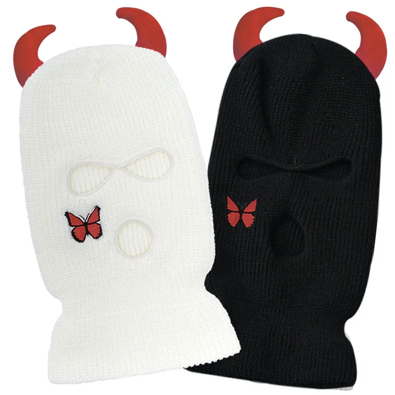 Custom Full Face Cover 3 Holes Embroidery Knitted Ski Mask Halloween Warm Beanie with Horns
