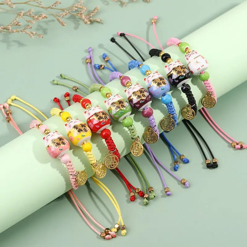 Women Hand-woven handmade braided rope  lucky cat fashion jewelry bracelets With Bell Pendant