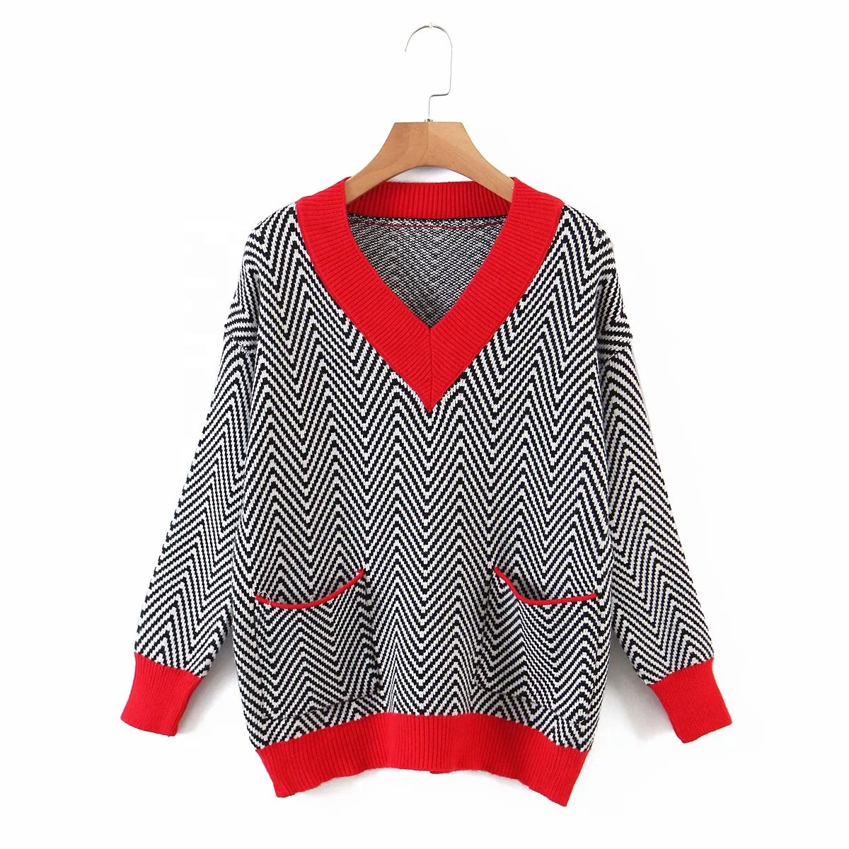 
High quality fashion design ladies contrast color V-neck wavy outwear sweater with double pockets 