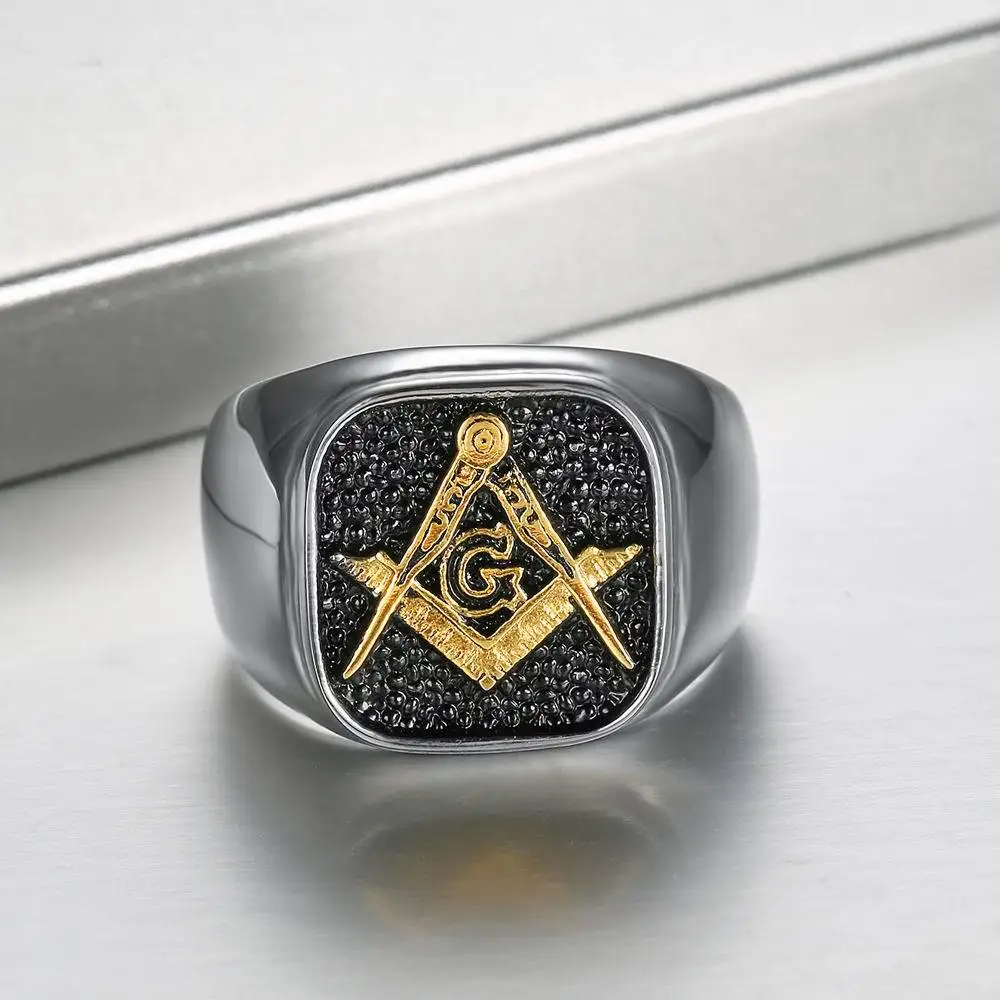 Fine 925 stainless steel gold plated AG masonic freemason rings for men