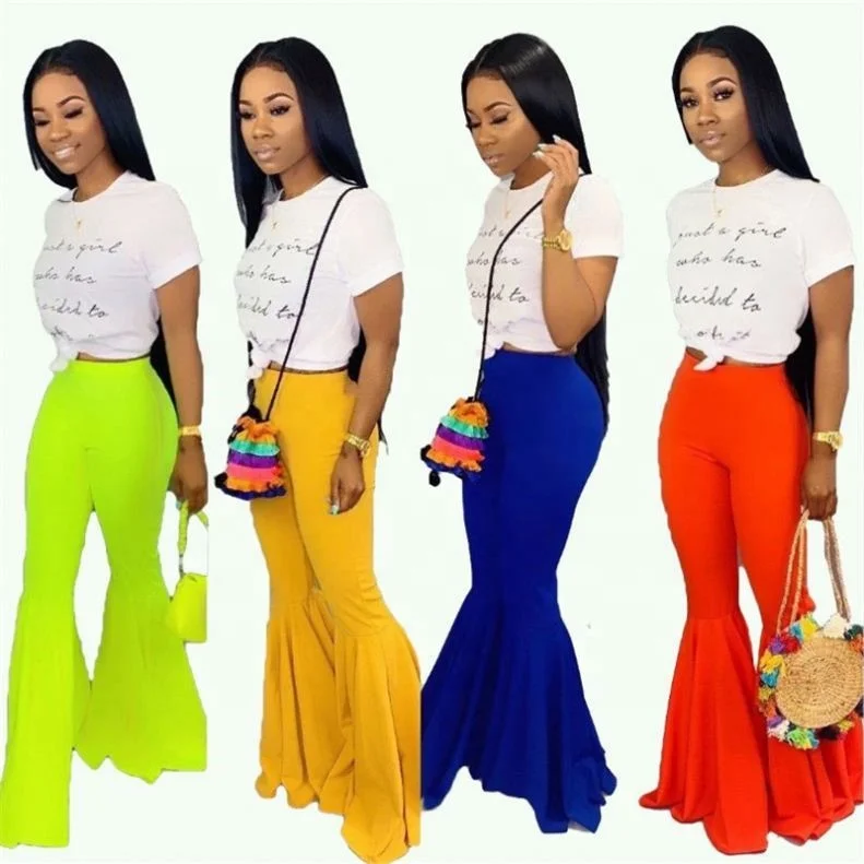 
2019 hot sell women ladies fashion sexy casual neon candy color wide legs bell bottom flare trousers pants 