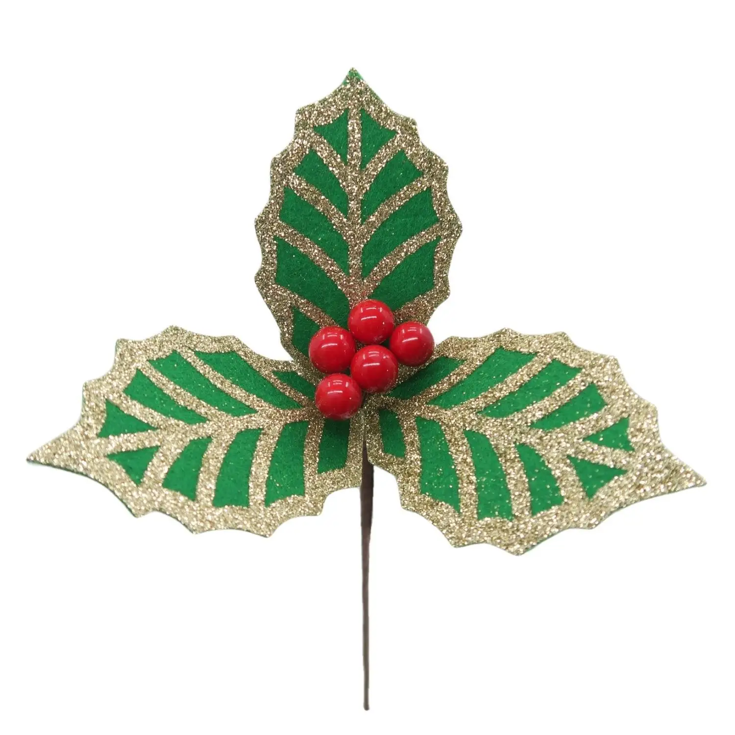 Hot Sale Artificial Gold Glittered Emerald Green Holly Leaves with Red Berries Christmas Floral Picks