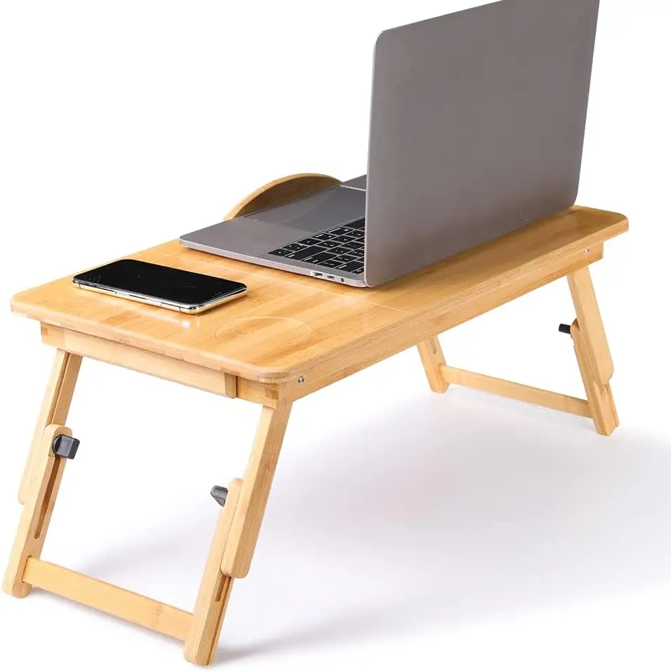 Durable Bamboo Desktop Tray, Adjustable Height and Tilting Bed Tray, foldable laptop for reading, lunch