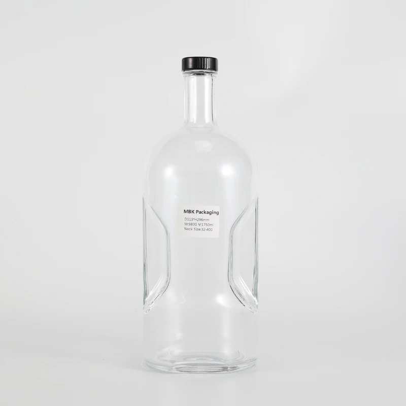 Rounded 1750 ml Flint Liquor Glass Bottle for Bordeaux Vodka with Pinch Grip Handle 33-400 TE Neck
