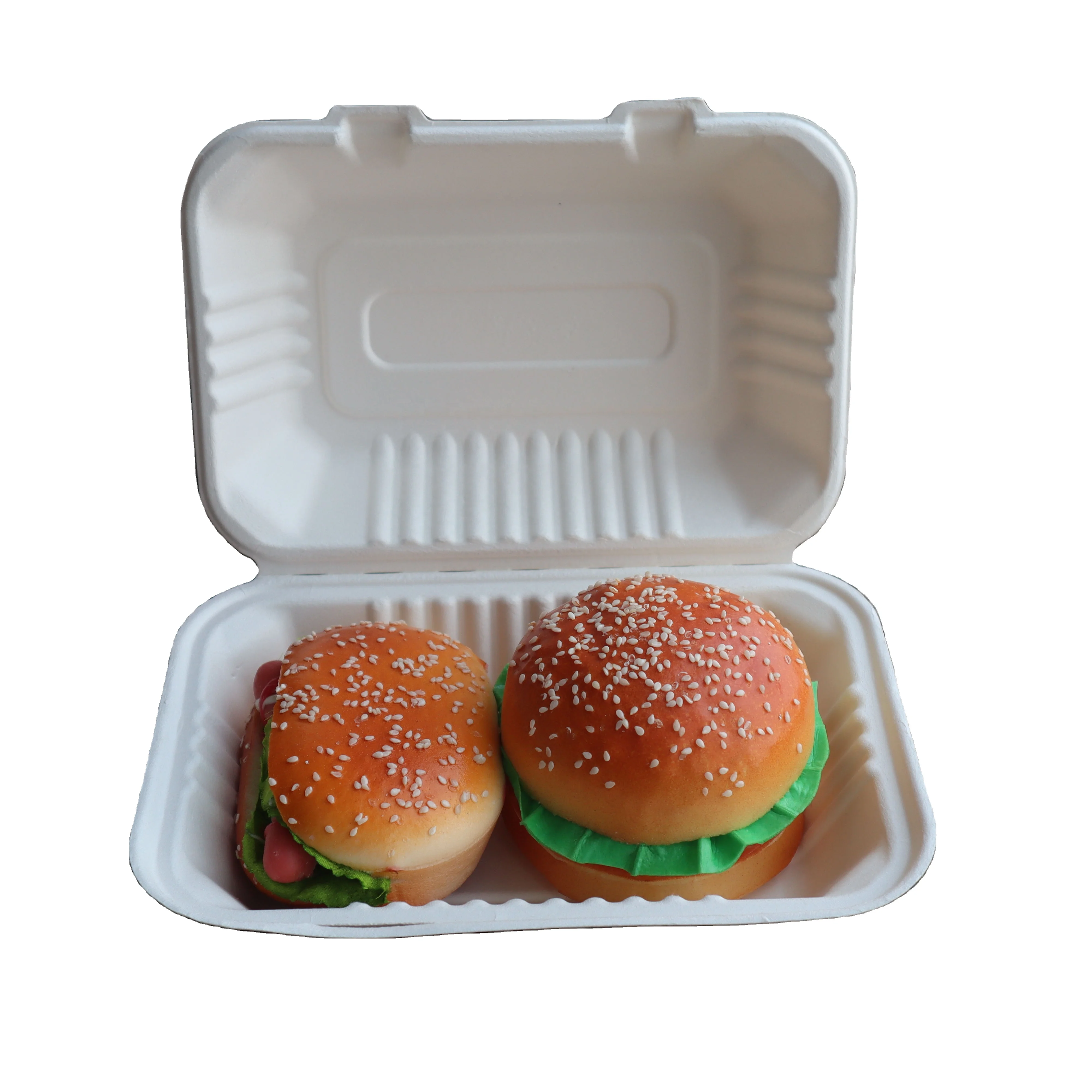 
Factory direct sale 9*6inch disposable bagasse clamshell food container for to go fast food products 