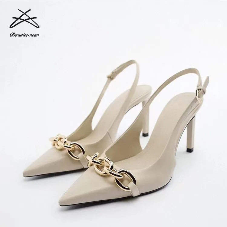 ZAR* Brand Spring New Black PU Women Official Dress Shoes Pointed Toe Metal Chain Lady High Heel Pumps Slingbacks Shoes