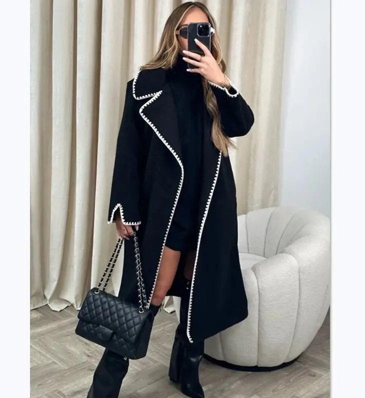 Winter Womens Tweed Blazer Double-Sided Woolen Long Sleeved Woven Lapel Long Coat Loose Windbreaker Coat