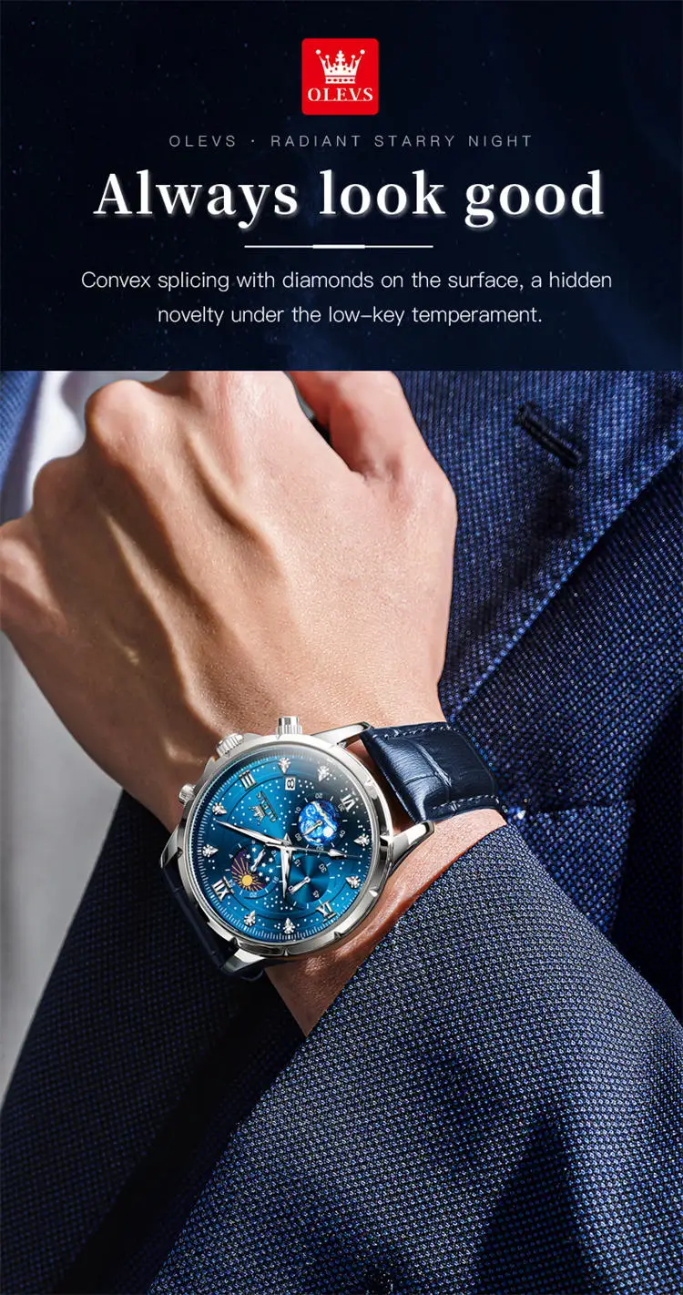 OLEVS 9807 special custom brand  gents quartz watch original Stainless steel band Luminous Chrono stars sun Casual hand watch