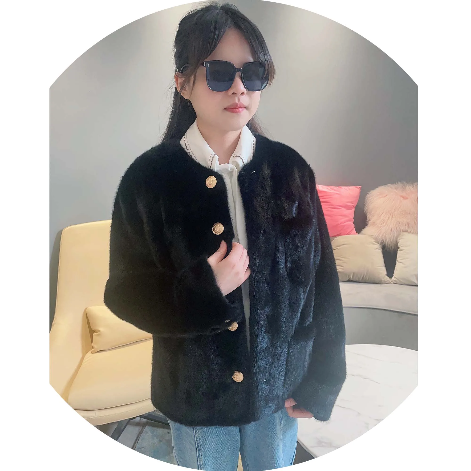 Winter Fashion Button Mid Length Black Cross Mink Fur Coat Jacket