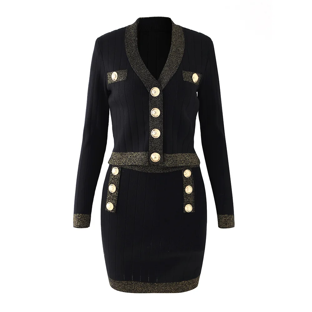 A7296 элегантный черный цвет комплект из двух частей облегающий свитер платье для женщин Повседневная одежда