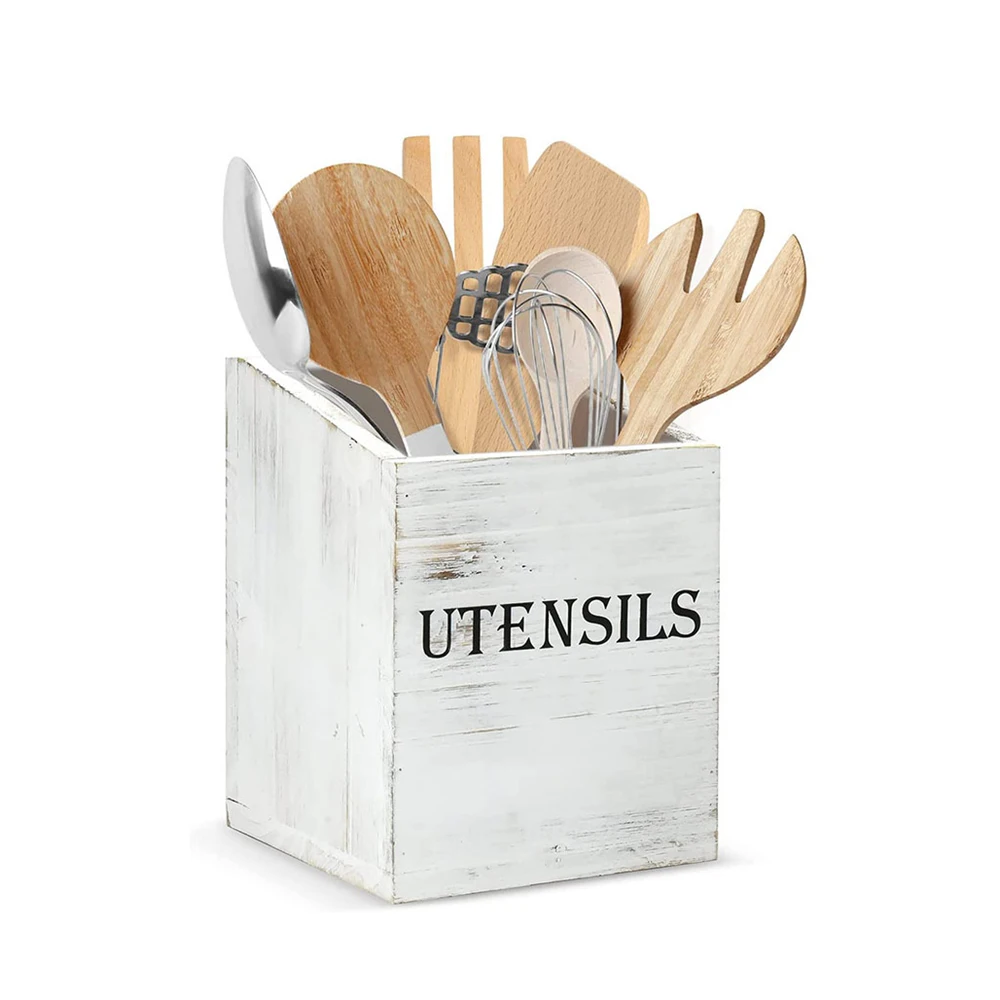 Distressed kitchen utensil holder solid wood cooking Spoons Knives Forks wooden storage organizers case