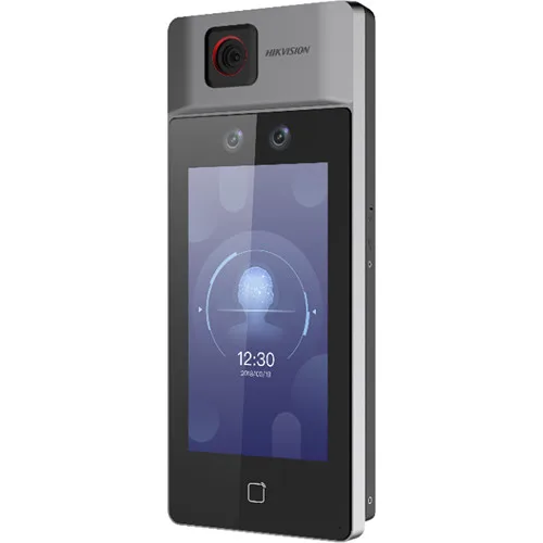 Hikvision DS-K1T671TM-3XF face recognition terminal access control device integrated with temperature screening function.