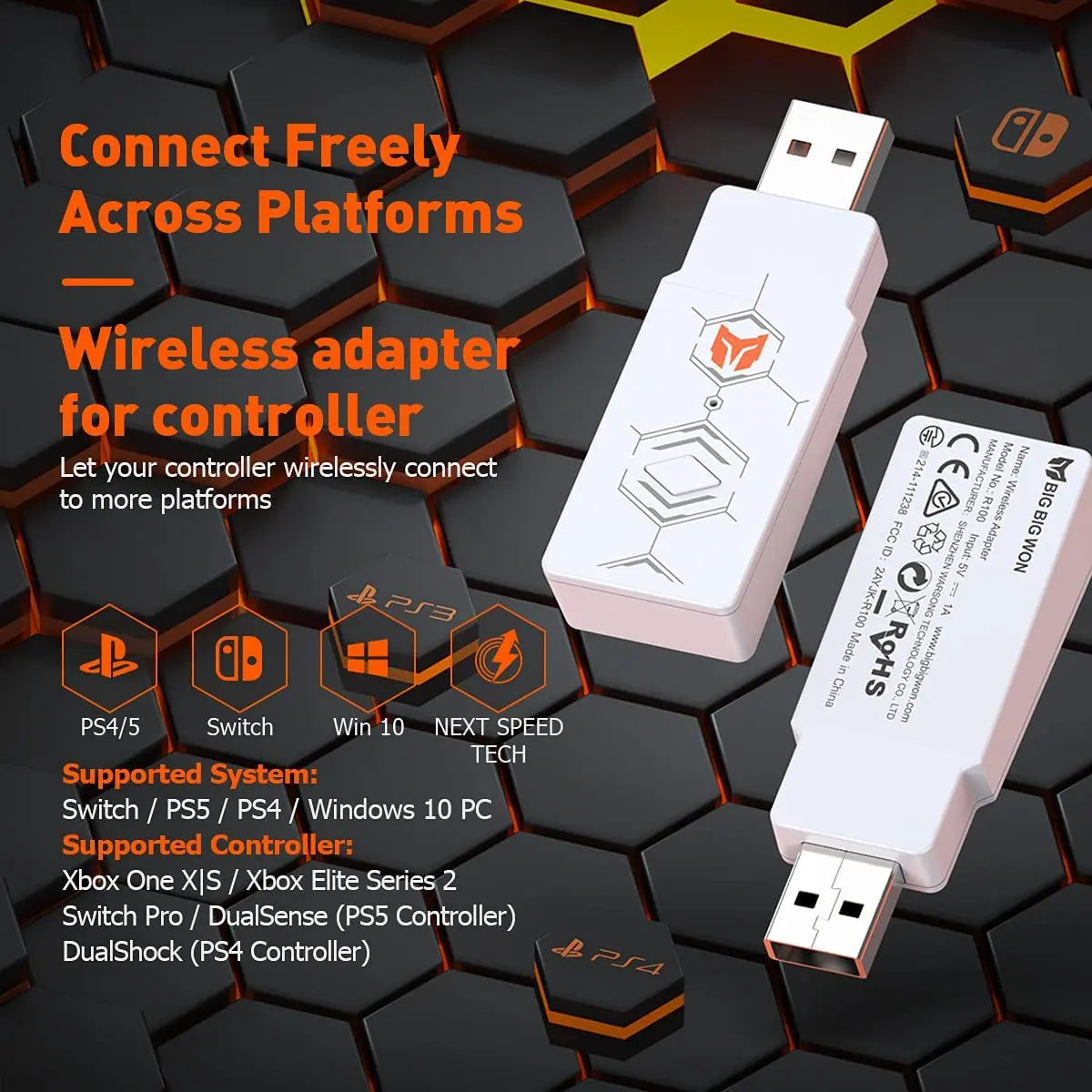 BIGBIG WON Wireless Adapter Usb Joystick Receiver For Nintendo Switch / Ps4 / Windows / Mac / Controller Adapter