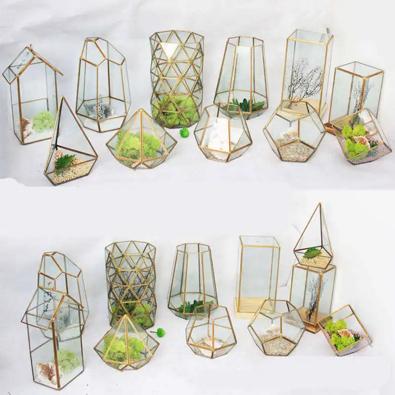 Glass Terrarium Container Plant Terrariums Gold Black Geometric Terrarium for Succulent Cacti Fern Flower
