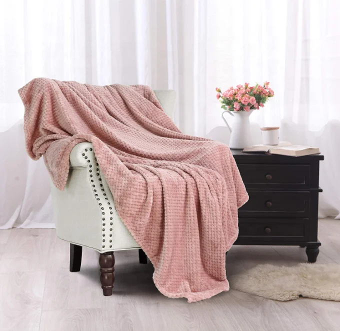 Solid color small square thickened waffle jacquard flannel blanket for Take a nap at home