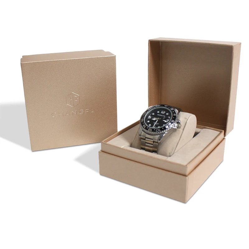 Custom Luxury High Quality Kraft Paper Watch Box Single Matte Empty Case Embossed Logo Stamping Handling Coated Paper Box