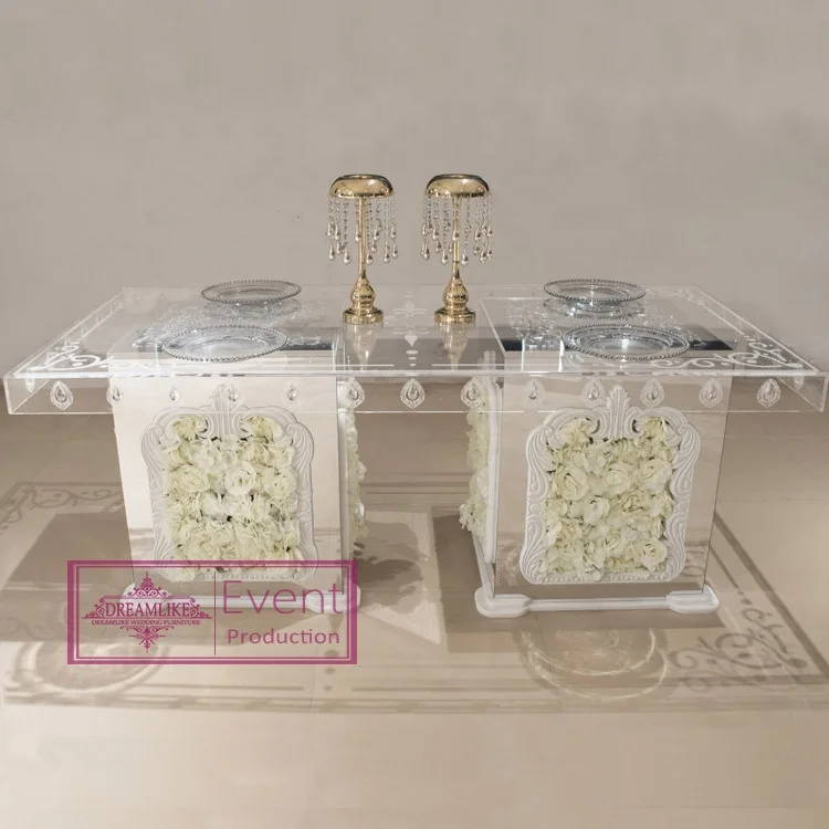 New design rectangle clear acrylic top silver acrylic wedding table with flowers