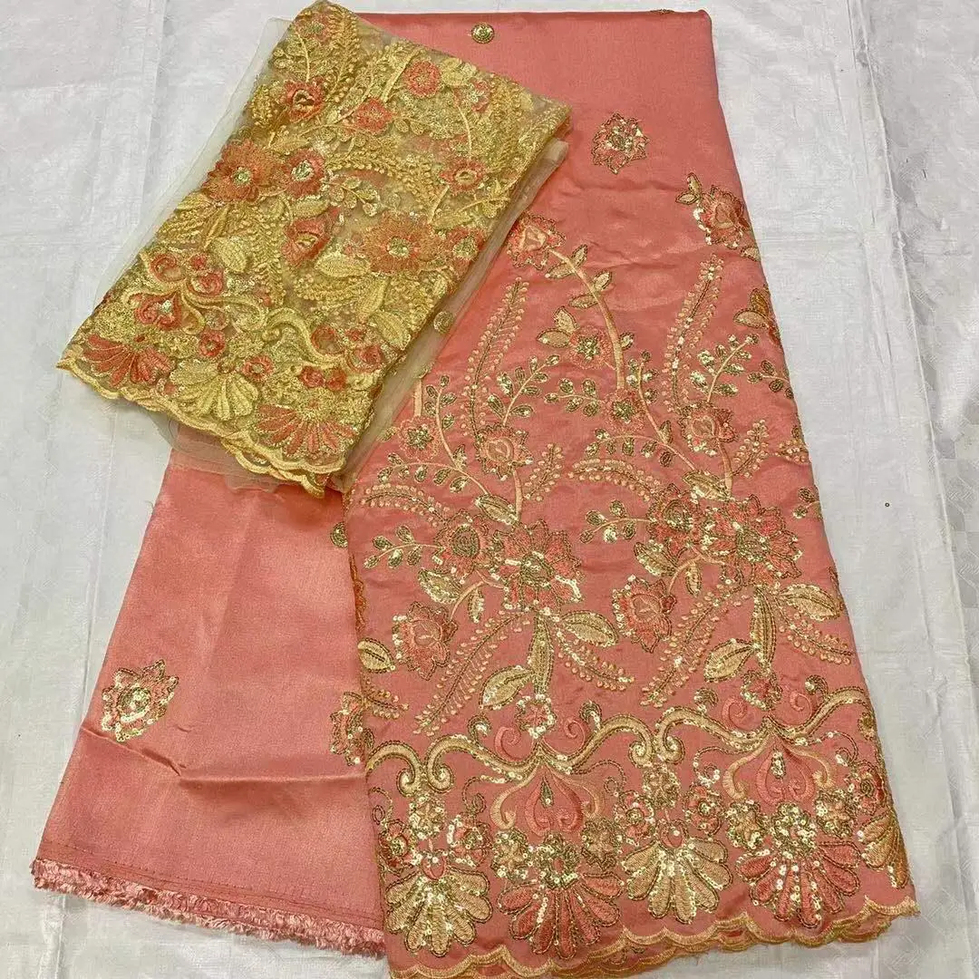 Purple India soft Silk George Wrappers With French Net Lace Fabrics For blouse 7yards/piece