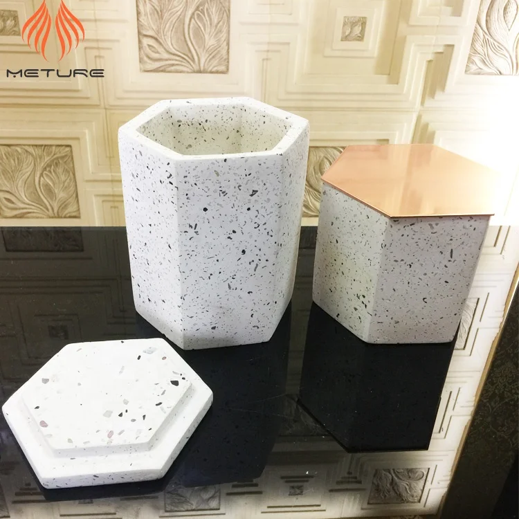Large hexagon shape white terrazzo cement candle jar with metal lids