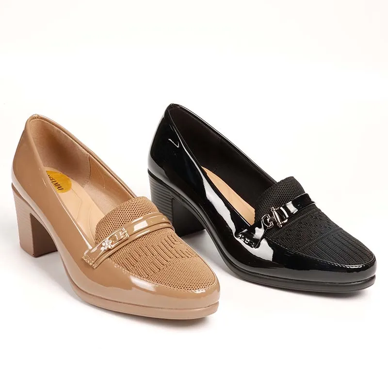 Mirror Shine Finish Patchwork Fly Knit Shoes Women Heels Flower Metal Buckle Ladies Dress Shoes Hotel Formal Ladies Office Shoes