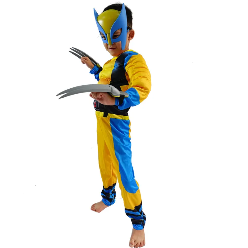 Hot sale wolverine costume with claws muscle children kids halloween costumes super hero tv&movie cosplay costume jumpsuit mask