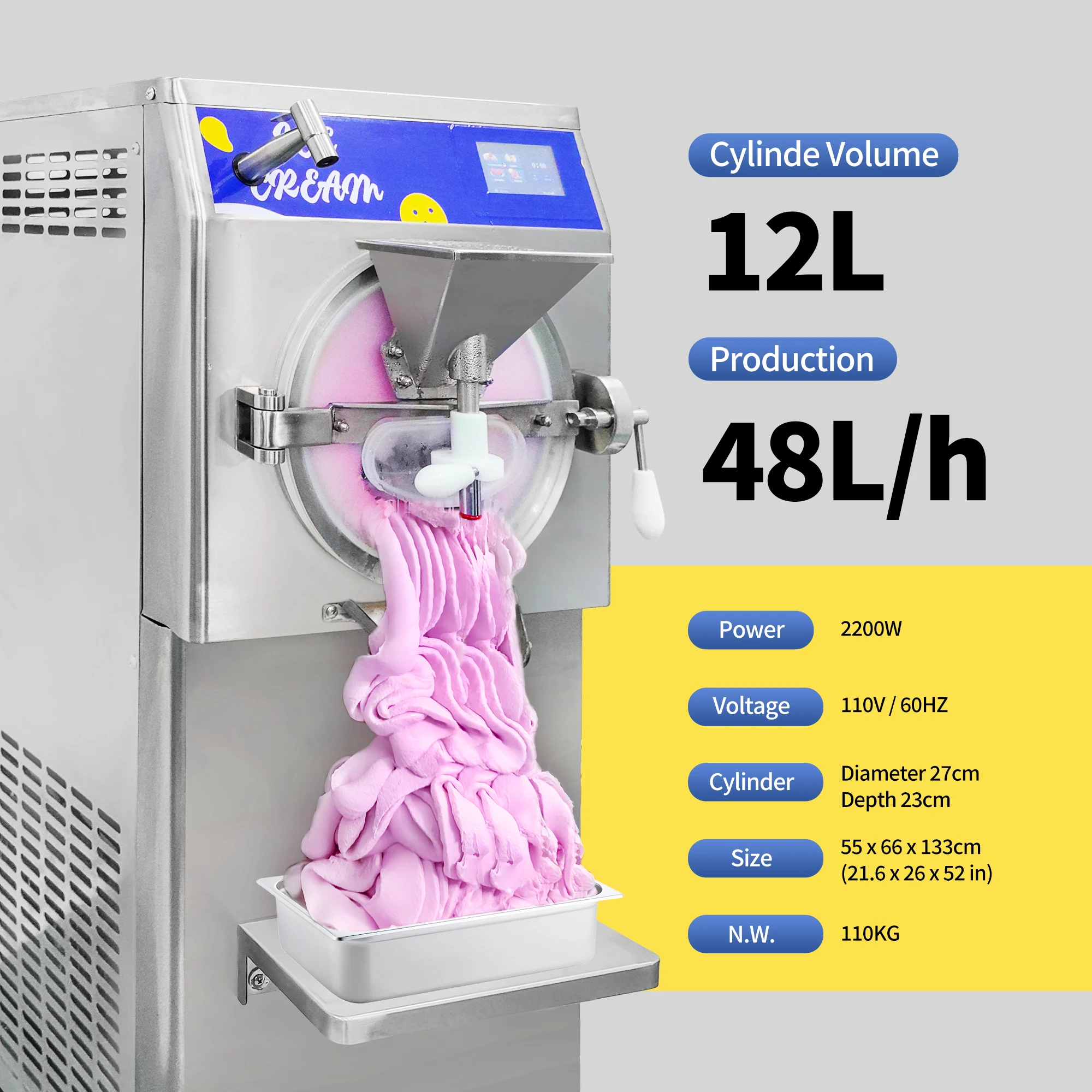 Mvckyi 48L/H Hard Ice cream Machine Professional Commercial Gelato Ice Cream Machine Making With Water Pipe