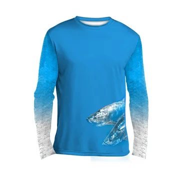 High quality 100% Polyester Long Sleeve Cheap Light Blue Marlin Sport Fishing Shirt UV Protection fishing tshirt