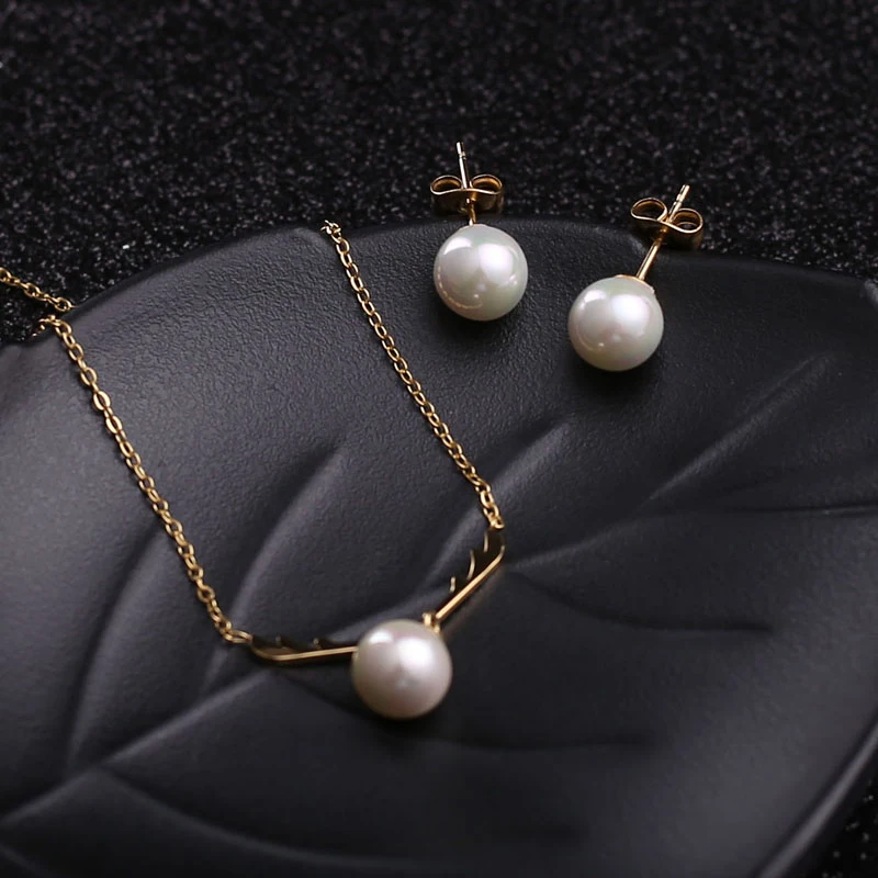 Pearl Gold Plated Stainless Steel Wedding Necklace And Earrings Jewelry Set For Women