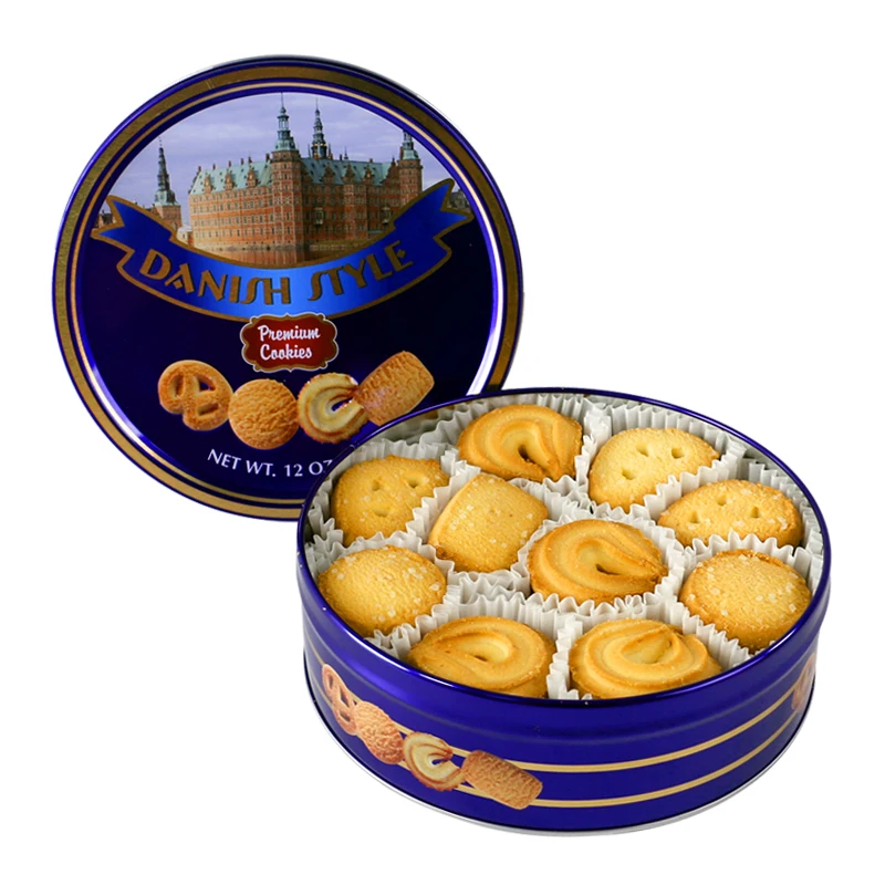Vegetarian halal digestive bourbon biscuits and cookies custom New design blue round tin wholesale butter cookies