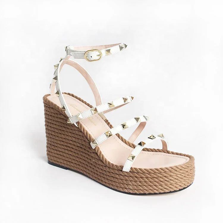 
Custom Fashion Sandal Shoes Sexy High Heel Women Shoes Rivet Studded Strap platform Sandal Jute Wedge Shoes for Ladies 