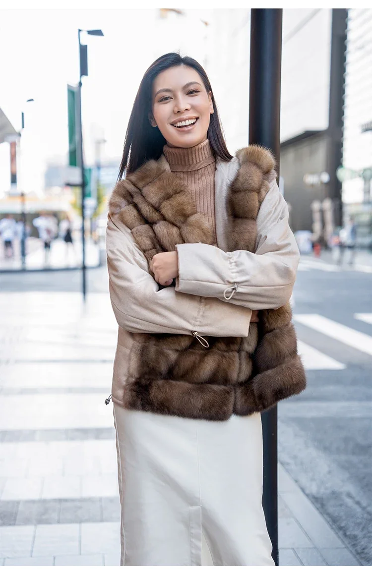 Wholesale Custom Real Russian Sable With Cashmere Classic Natural Color Hooded Short Fur Coat For Women