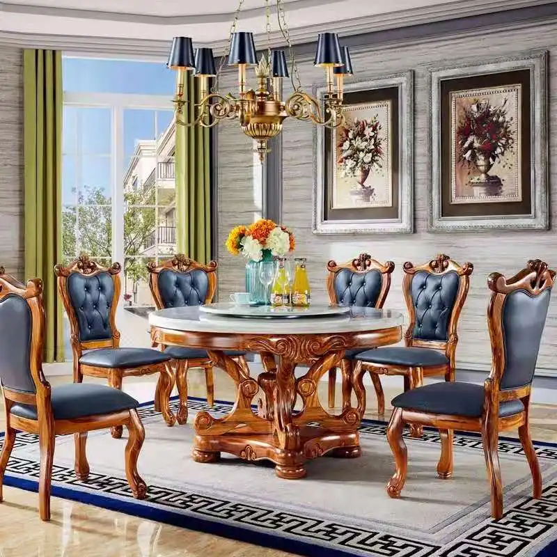 Classic European Style Dining Table 8 Seaters Chairs Luxury Marble Wooden Rotating Dining Table Set