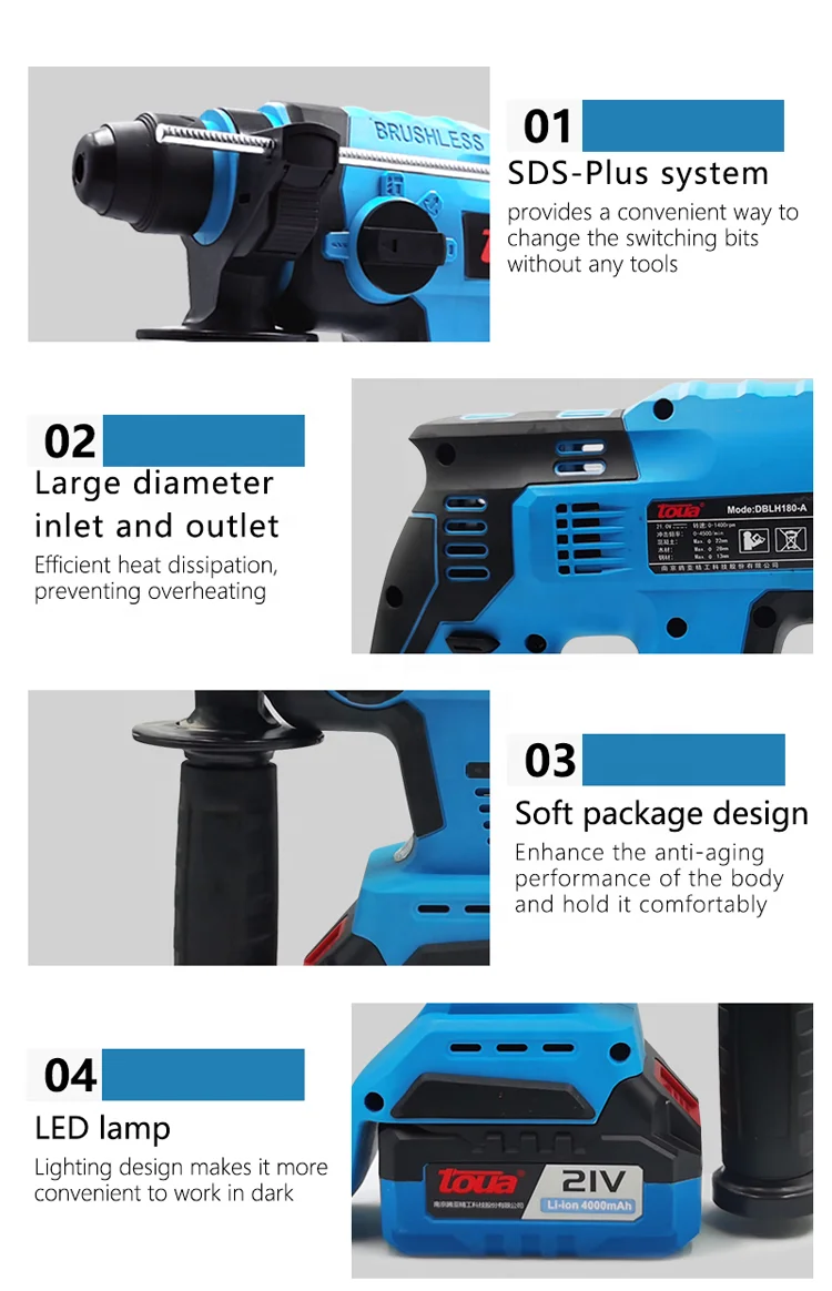 21V Brushless Electric Wireless Power Hammer Drill for Construction Industry 22mm Max Drilling Diameter Cordless Battery Power