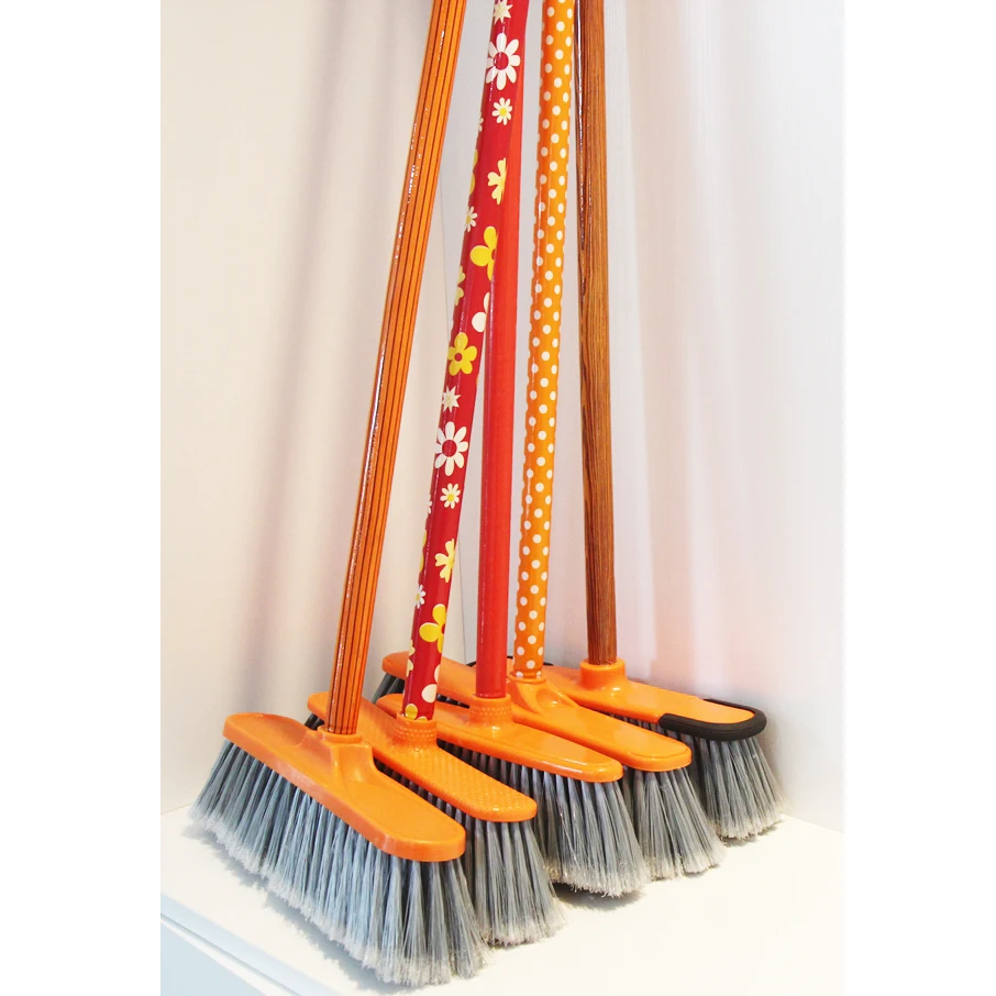 Indian Style Broom Mop with PVC Coated Wooden Stick  for Home Use  Broom Head Made PET  Straight Cut Bottom End Available Colors