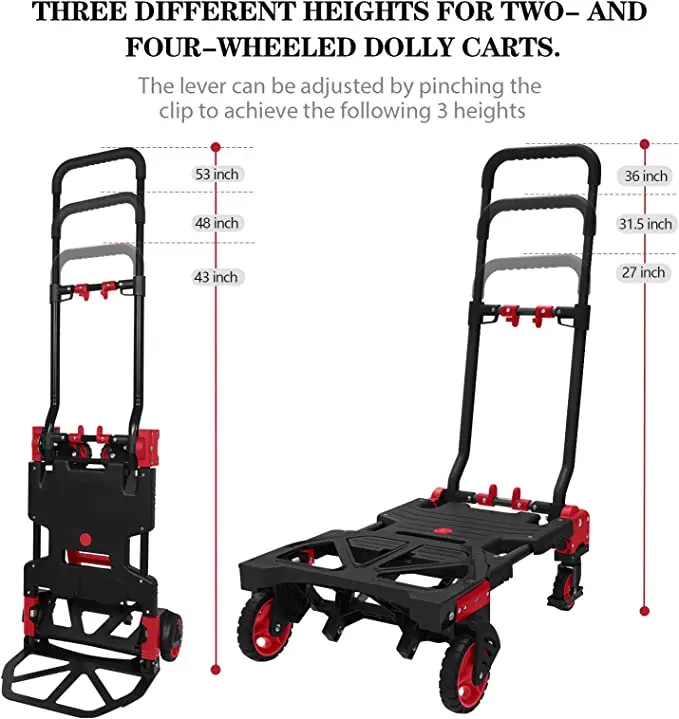 Folding Hand Truck Heavy Duty Dolly Cart with Bungee Rope Convertible Portable 2 in 1 Enclosed Handcart with Retractable Handle
