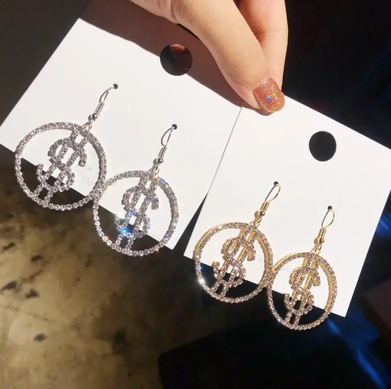 Exaggerated 925 Silver Needles Shiny Full Rhinestone Earrings Geometric Circle US Dollar Money Symbol Drop Earrings Women Girls
