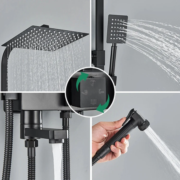 Luxury Square Bathroom Shower Faucet 4 Way Rainfall Shower System Stainless Steel 304 Black Shower Set