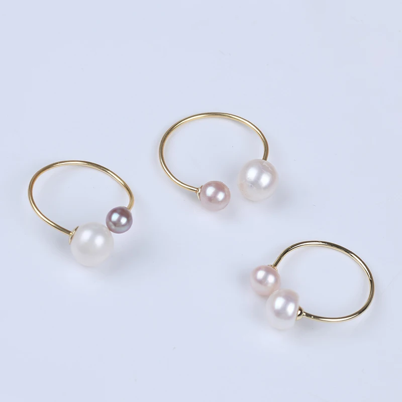 gold plated natural white pink purple color real freshwater adjustable round pearl ring