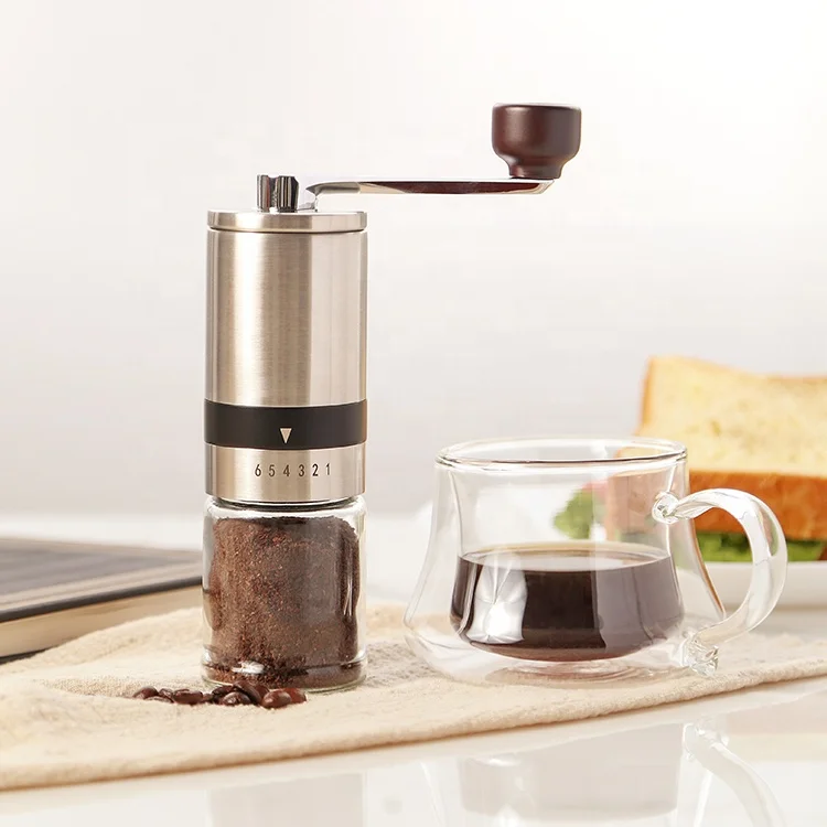 Small Capacity New Design 1 Cup Glass Jar Stainless Steel Ceramic Coffee Bean Grinder Manual Coffee Mill