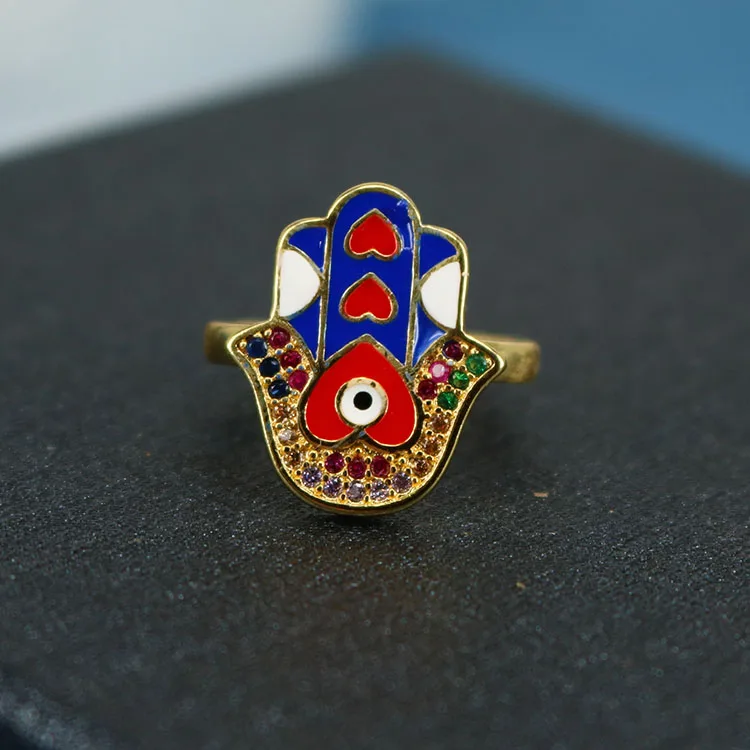 Popular Chic Rainbow Enameled Evil Eyes Hamsa Hand CZ Micro Pave Finger Rings for women