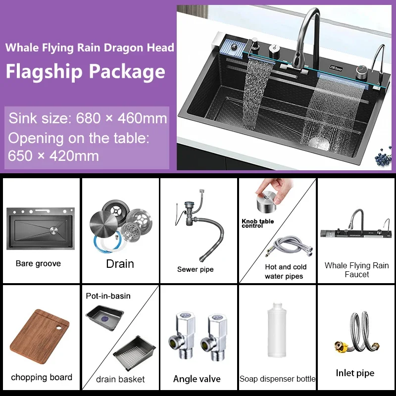New Digital Display Waterfall Sink Stainless Steel Kitchen Sink Embossed Large Single Slot Wash Basin With Smartphone Holder