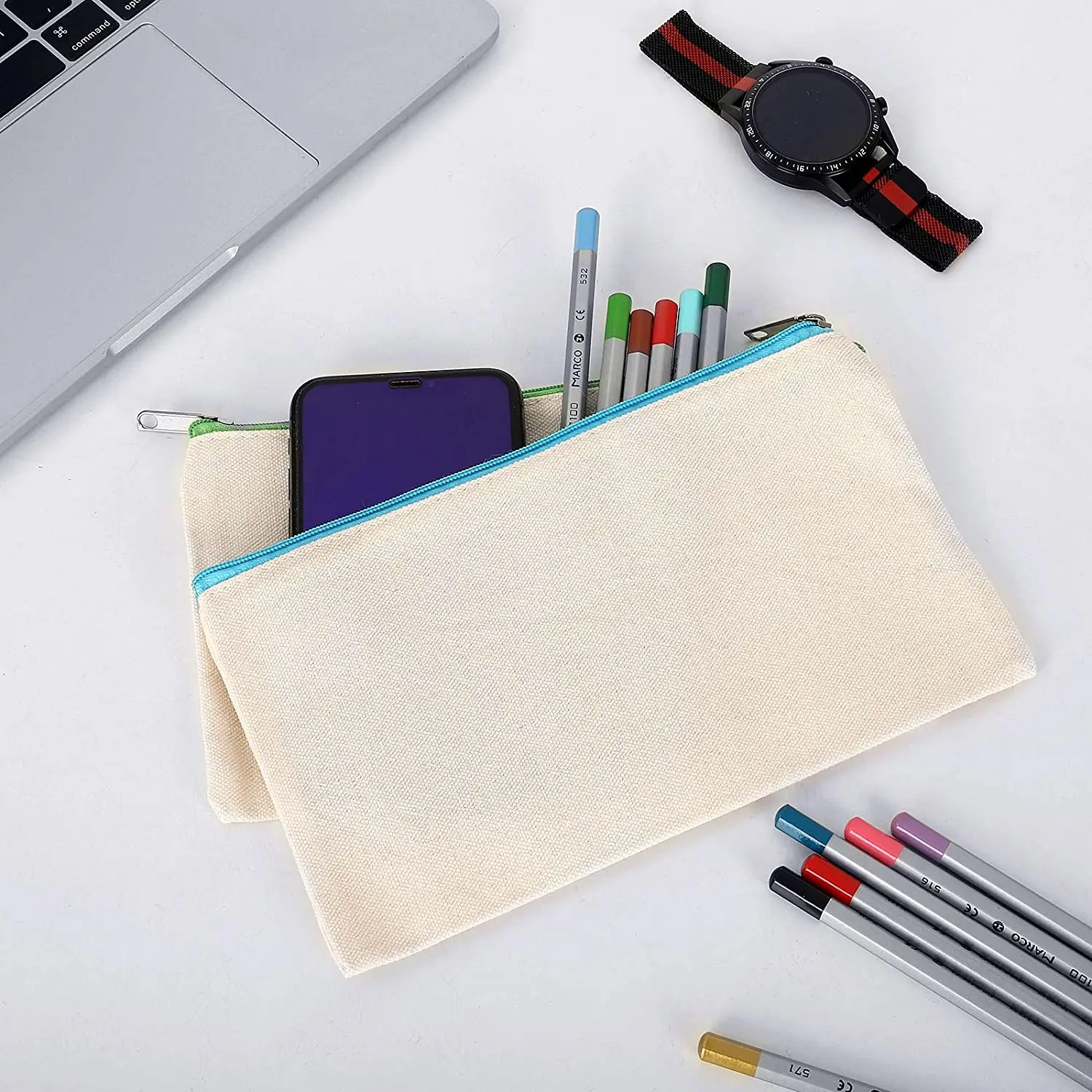 Eco-Friendly Custom 8oz Colorful DIY Pencil Case Small Blank With Zipper Cotton Pencil Bag Canvas