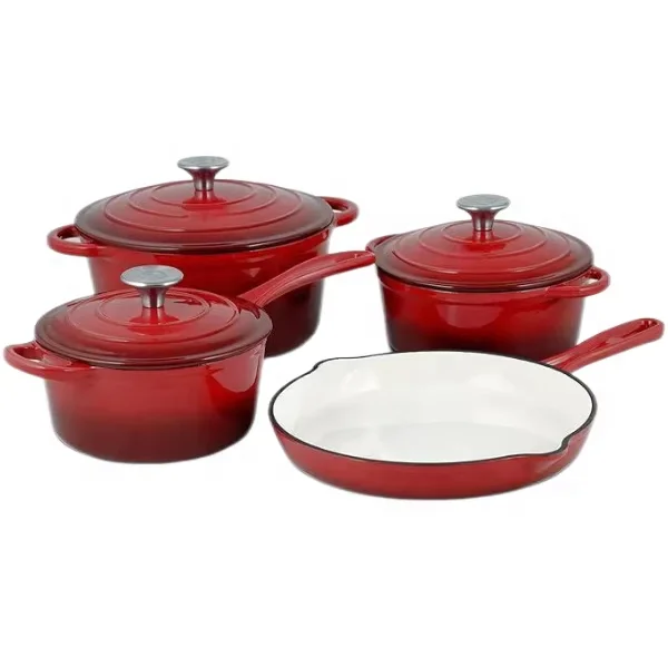 Custom enameled cast iron 7-piece skillet casserole Milk pot Non-stick Dutch pot Kitchen Cookware set Oven safe for outdoor use