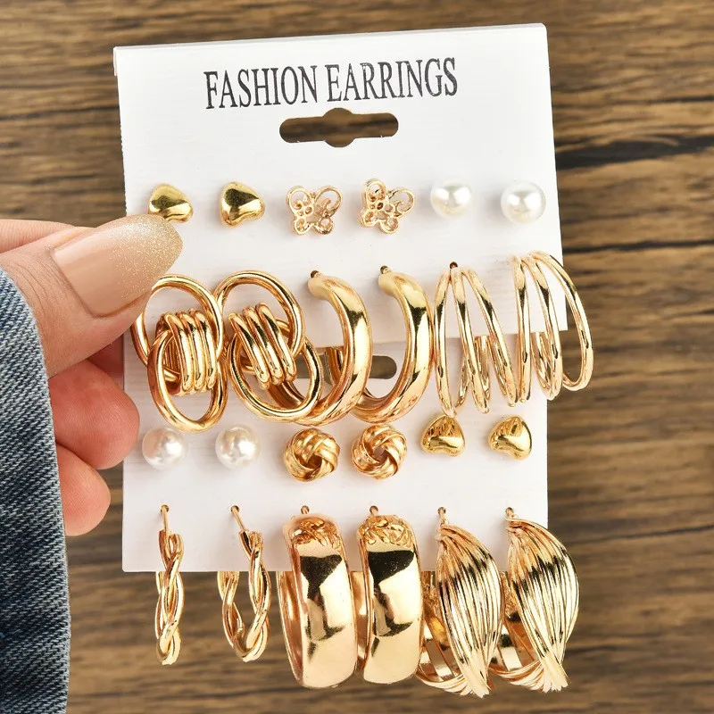 European and American cross-border 6-piece creative pearl studded diamond gold circle earring set