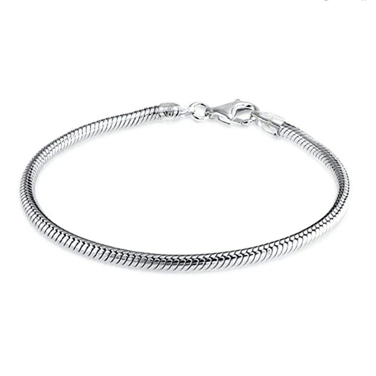 Genuine Sterling Silver Snake Chain Charm Bracelet fit All Charm Beads