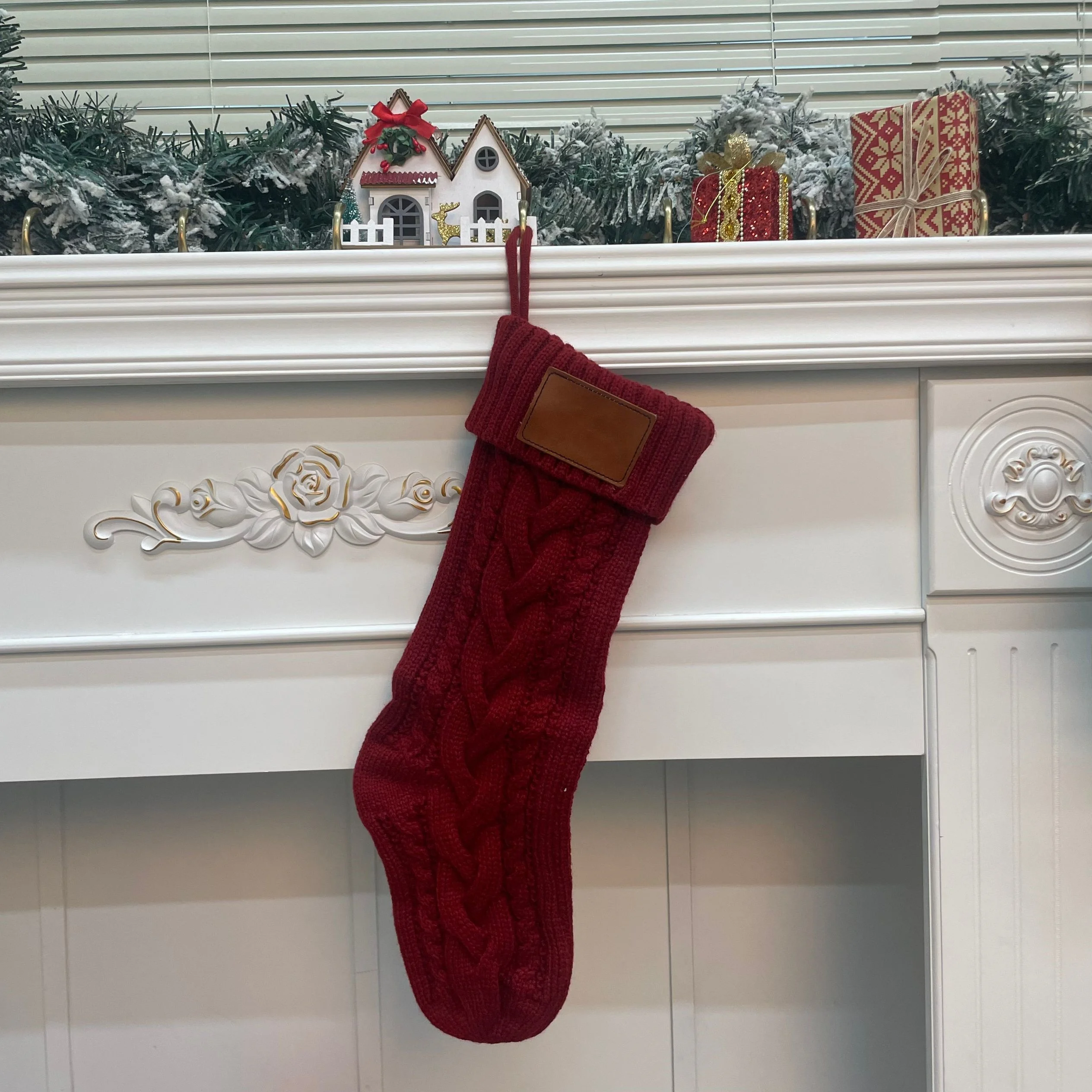 Merry Christmas Stocking Knitted Gift Bag Large Tree Pendant Decoration Leather Patch Party Supplies Luxury Christmas Stockings
