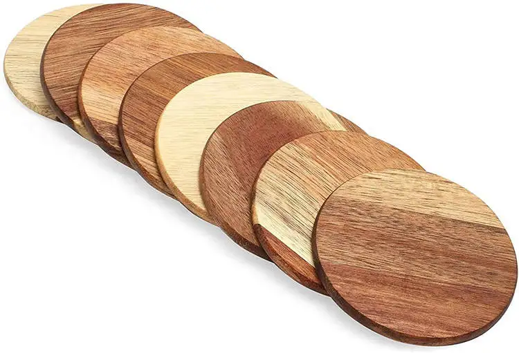 Custom Shape Square Round Acacia Blank Wooden Coasters Drink Bamboo Coaster Set for Coffee Table, Glasses, Tabletop