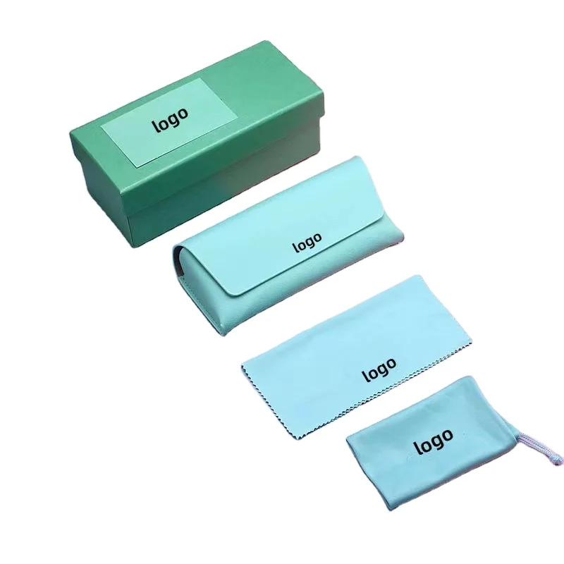 Factory Custom logo high quality Hot Selling Blue pu Leather cardboard paper box Sunglasses Case pouch cloth packaging set