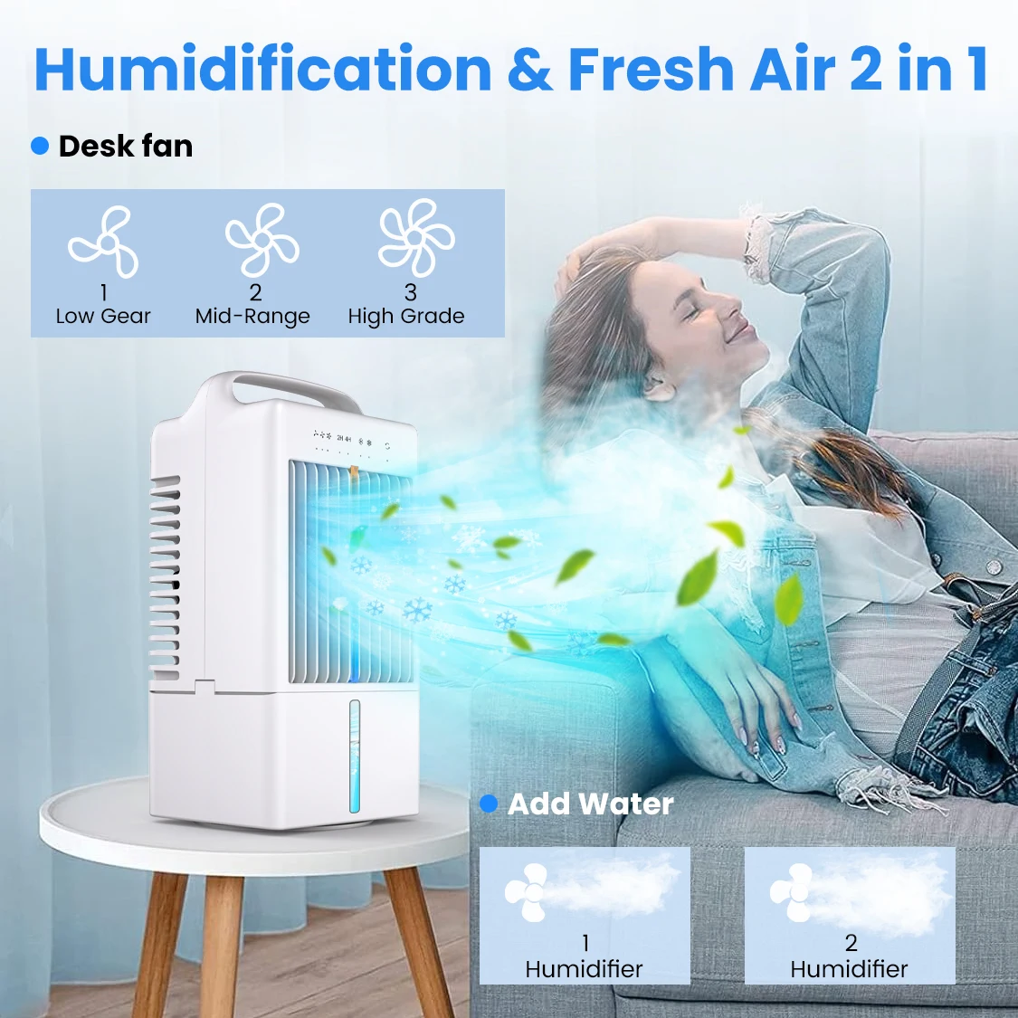 Cross-border Mini Portable Desktop Bedroom Ari Cooler Office Home Air Conditioner Fan with 7 Color Light,2/4H Timer, Rotation
