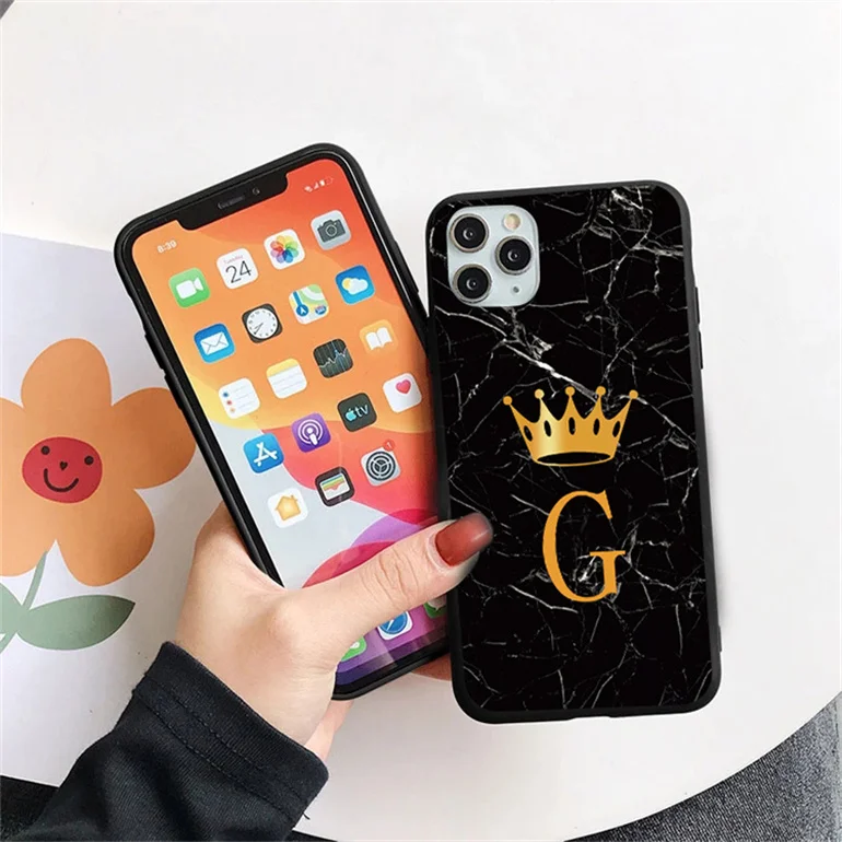 Queen Crown Pattern TPU Case Black Marble Mobile Phone Cover Custom Name mobile Phone Case for iPhone 13 12 11 Pro Max XR XS 8 7